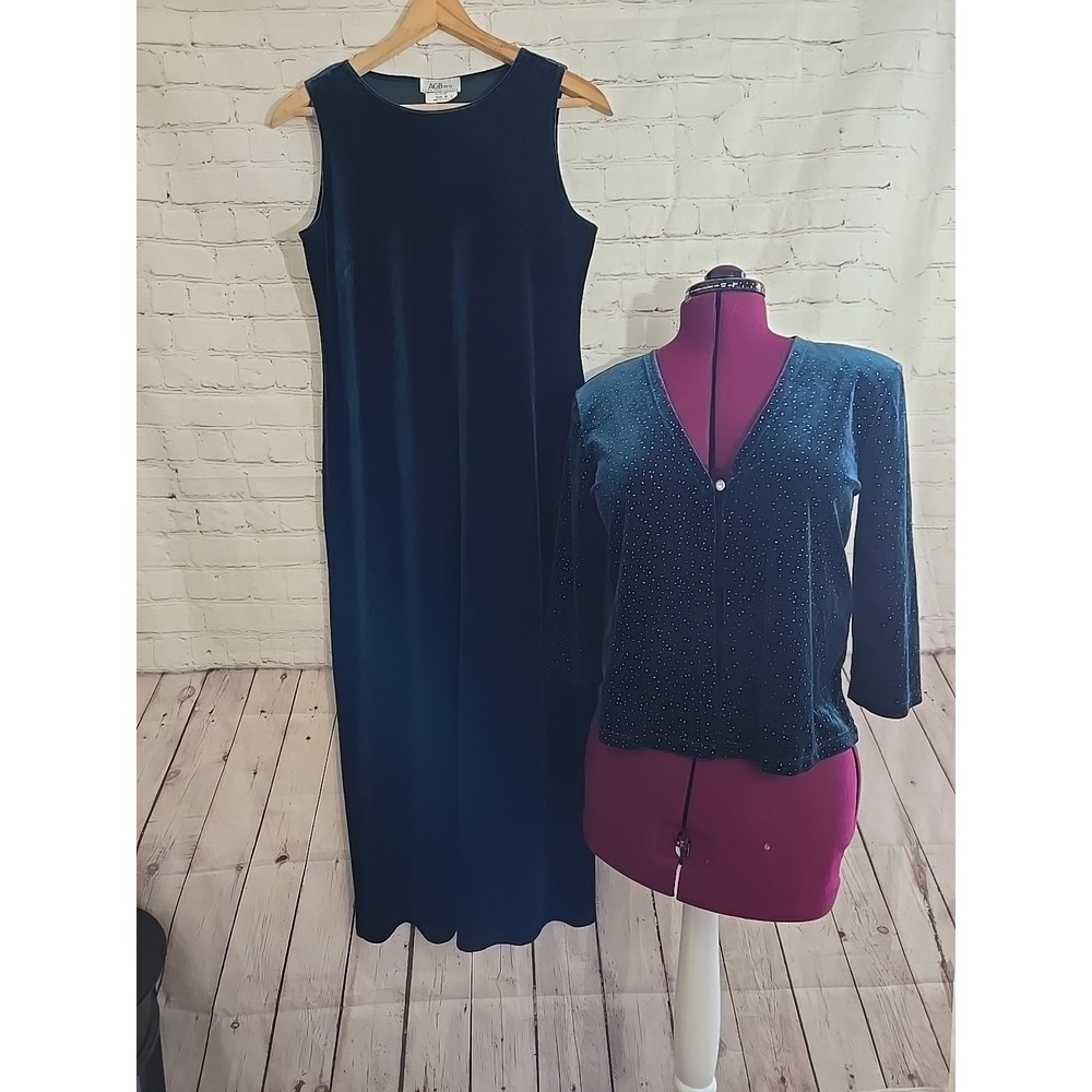 Vtg 2pc Tank Dress W/ Cardigan Dark Teal Green Velvet Sz 10 Witchy Whimsey Goth